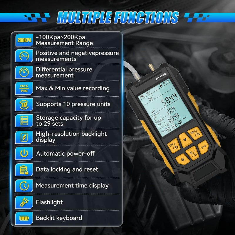 LUTIFIX مقياس الضغط، مقياس ضغط HVAC مزدوج المنفذ مع 7 محولات، مفتاح 10 وحدات، قفل بيانات وتخزين، شاشة عرض مضاءة خلفياً، مختبر ضغط الغاز، -100 إلى 200Kpa، PT520 - Image 2
